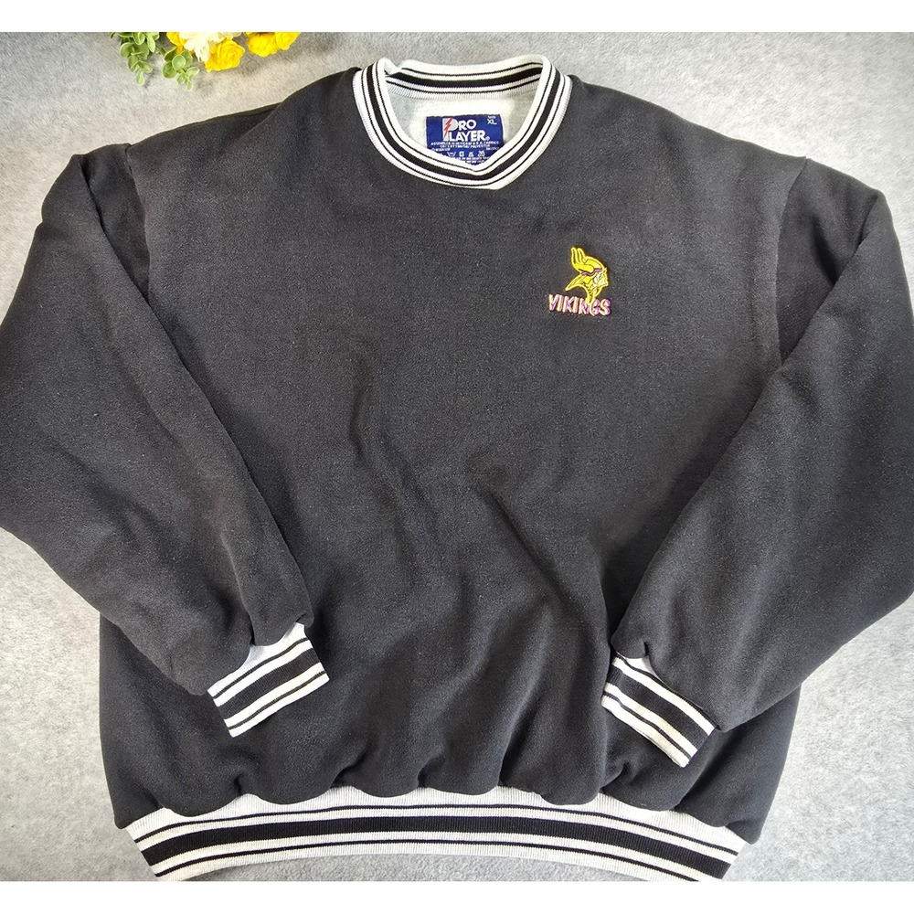 Vintage Pro Layer Sweatshirt Mens XL Black Vikings NFL Embroidered Striped Trim